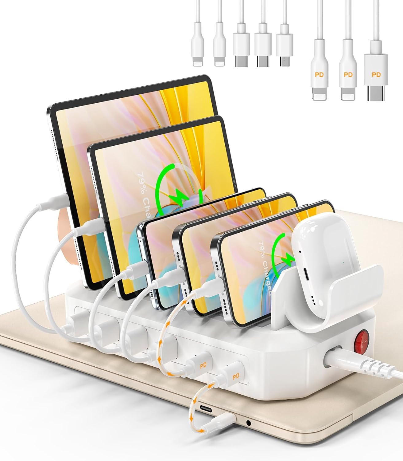 95W 6-Port USB Charging Station for Multiple Devices, HSicily 2 PD Ports USB C Fast Charging Dock Compatible with MacBook Phones iPad Kindle Tablets (8 Cables&2 Stands Included)