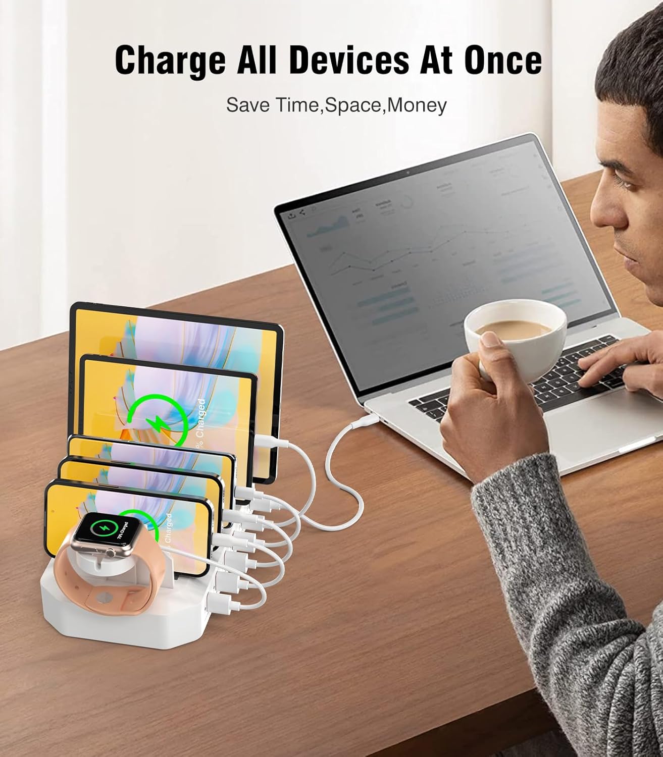 95W 6-Port USB Charging Station for Multiple Devices, HSicily 2 PD Ports USB C Fast Charging Dock Compatible with MacBook Phones iPad Kindle Tablets (8 Cables&2 Stands Included) - Image 3