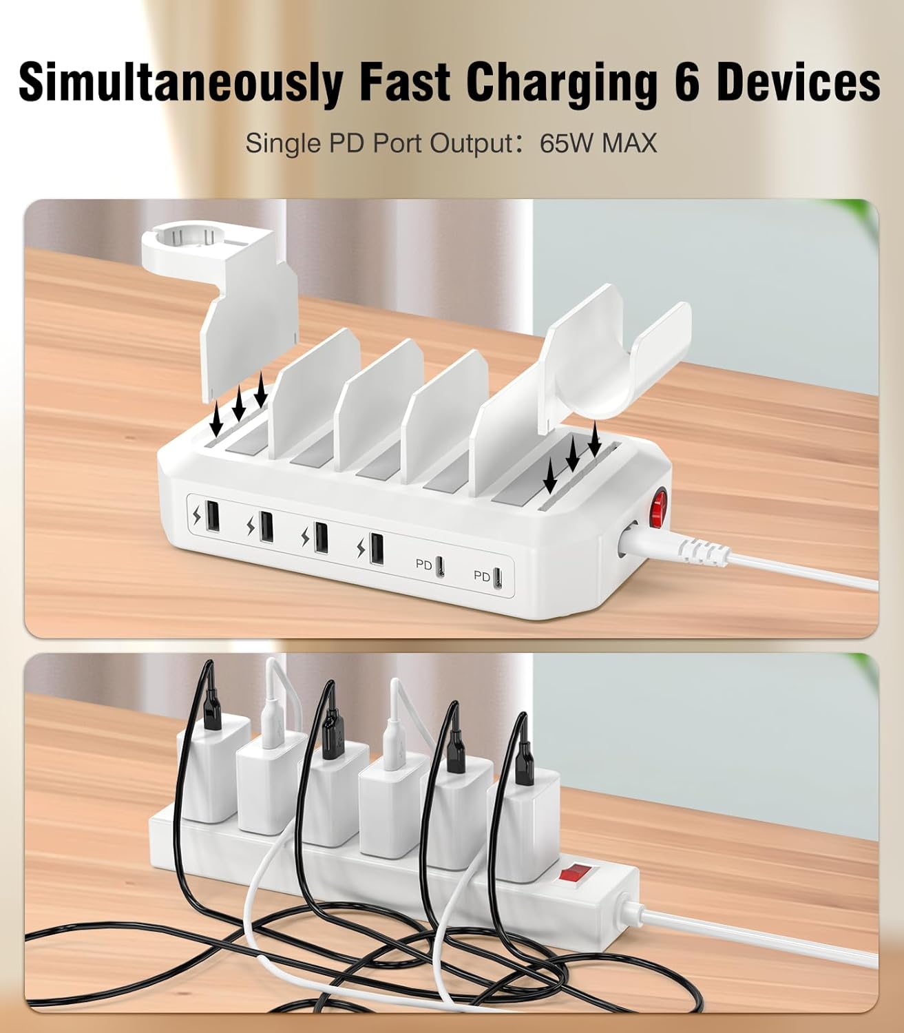 95W 6-Port USB Charging Station for Multiple Devices, HSicily 2 PD Ports USB C Fast Charging Dock Compatible with MacBook Phones iPad Kindle Tablets (8 Cables&2 Stands Included) - Image 4