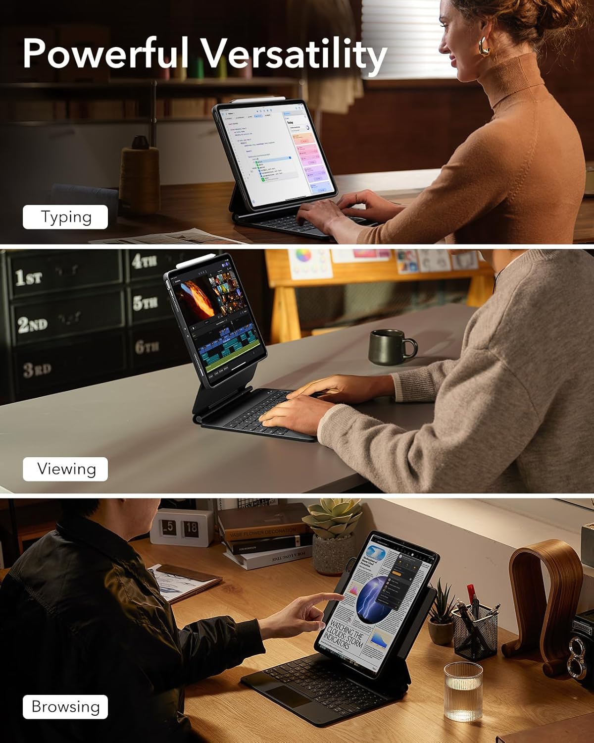 ESR iPad Pro 13 Inch Case with Keyboard (M4, 2024), iPad Pro 13 Keyboard Case with Easy-Set Magnetic Stand, Portrait/Raised Modes for iPad Pro 13 Keyboard, Removable Case, Rebound 360 Series, Black - Image 3