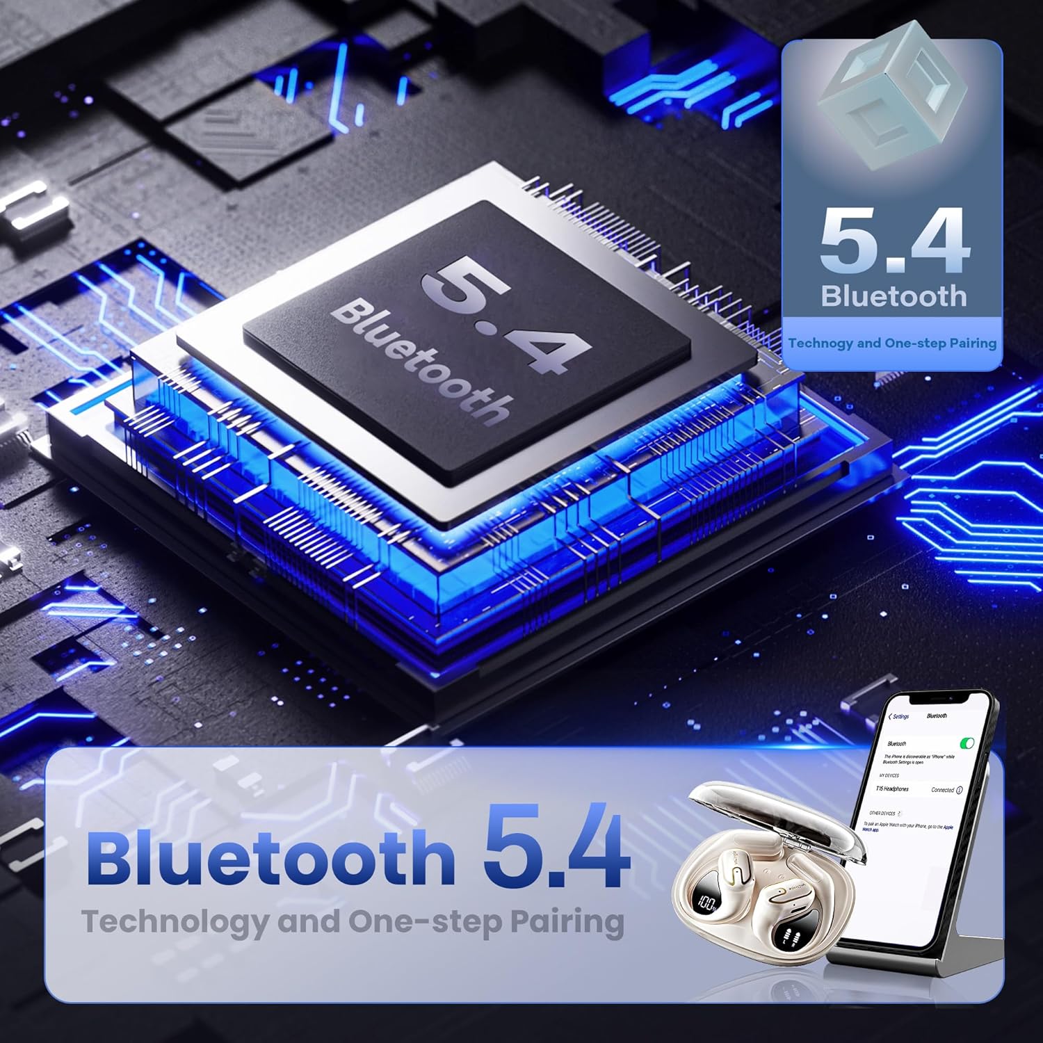 Open Ear Headphones Earbuds wireless - 5.4 Bluetooth Ear Buds with LED Digital Display IPX7 Waterproof, Wireless Headphones Touch Control Air Conduction Stereo Sound with 18.2mm Drivers 80H Playtime - Image 8