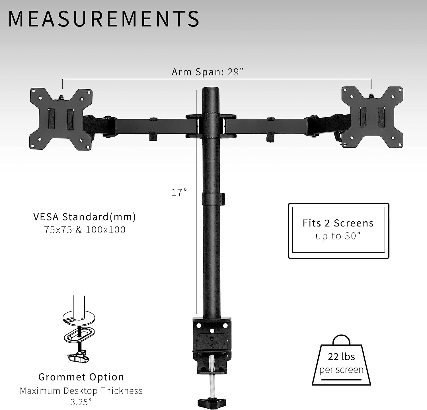 VIVO Dual Monitor Desk Mount, Heavy Duty Fully Adjustable Steel Stand, Holds 2 Computer Screens up to 30 inches and Max 22lbs Each, Black, STAND-V002 - Image 6