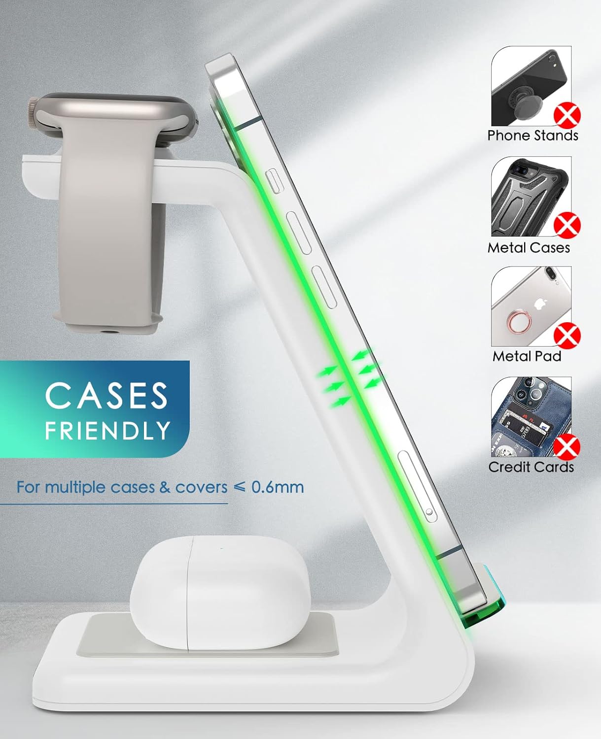 Wireless Charging Station, 3 in 1 Fast Desk Charging Station, Wireless Charger Stand for iPhone 15/14/13/12/11 Pro Max/X/Xs Max/8/8 Plus, AirPods 3/2/pro, iWatch Series 9/8/7/6/5/SE/4/3/2 - Image 3