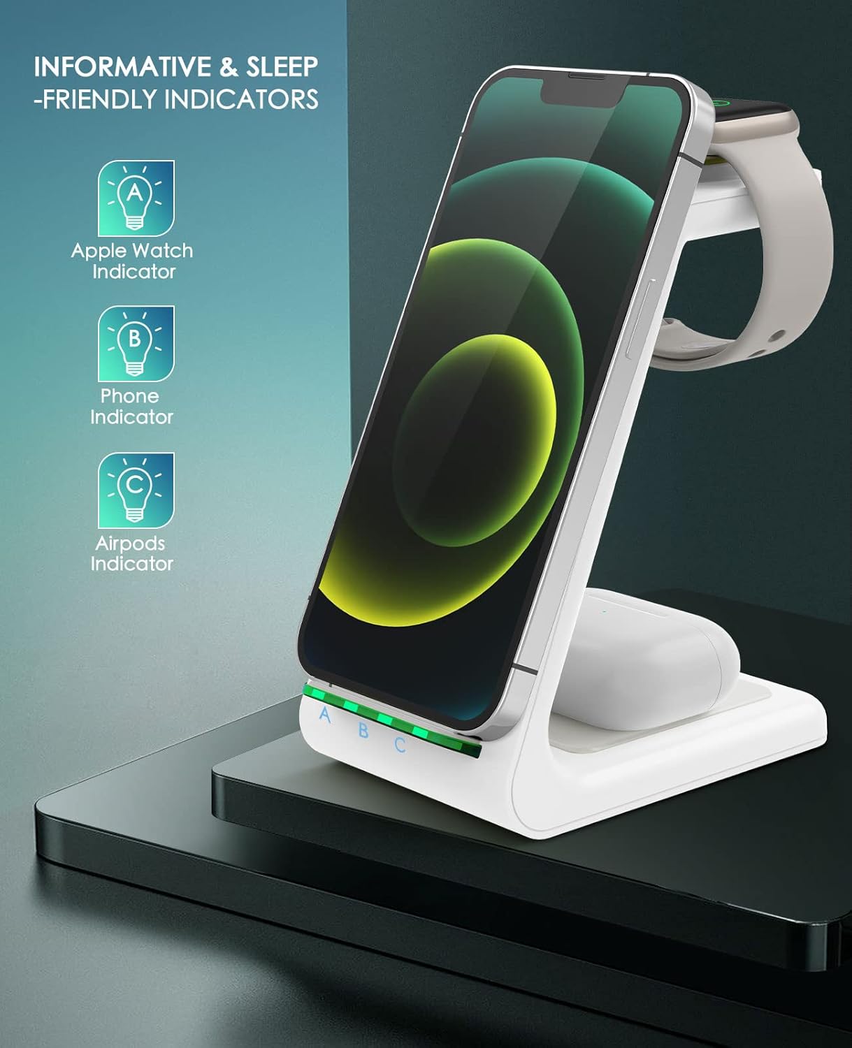 Wireless Charging Station, 3 in 1 Fast Desk Charging Station, Wireless Charger Stand for iPhone 15/14/13/12/11 Pro Max/X/Xs Max/8/8 Plus, AirPods 3/2/pro, iWatch Series 9/8/7/6/5/SE/4/3/2 - Image 4