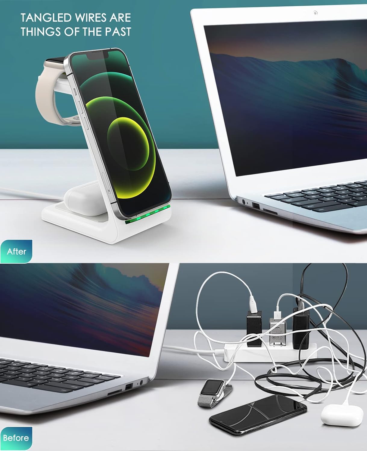 Wireless Charging Station, 3 in 1 Fast Desk Charging Station, Wireless Charger Stand for iPhone 15/14/13/12/11 Pro Max/X/Xs Max/8/8 Plus, AirPods 3/2/pro, iWatch Series 9/8/7/6/5/SE/4/3/2 - Image 6
